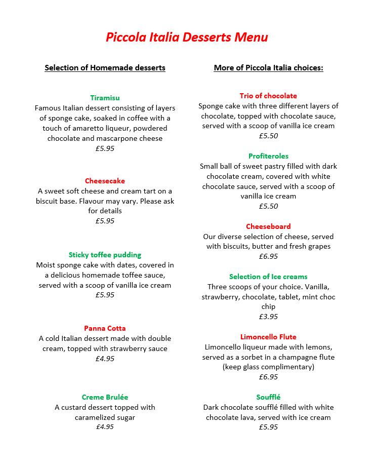 Menu at Piccola Italia restaurant, Moniaive