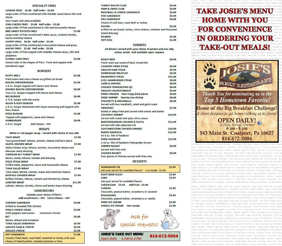 Menu at JOSIE'S FAMILY RESTAURANT, Coalport