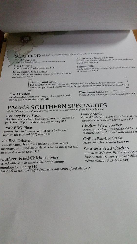 Menu at Page's Okra Grill restaurant, Mount Pleasant