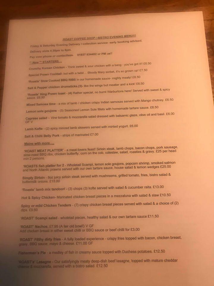 Menu at Roast Coffee Shop restaurant, Tadcaster