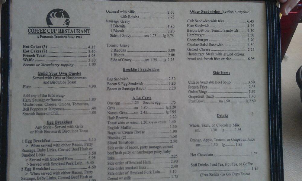 Menu at Coffee Cup Restaurant, Pensacola