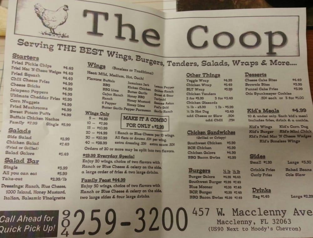 Menu at The Coop restaurant, Macclenny
