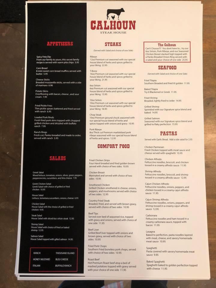 Menu at Calhoun Steakhouse, Jacksonville