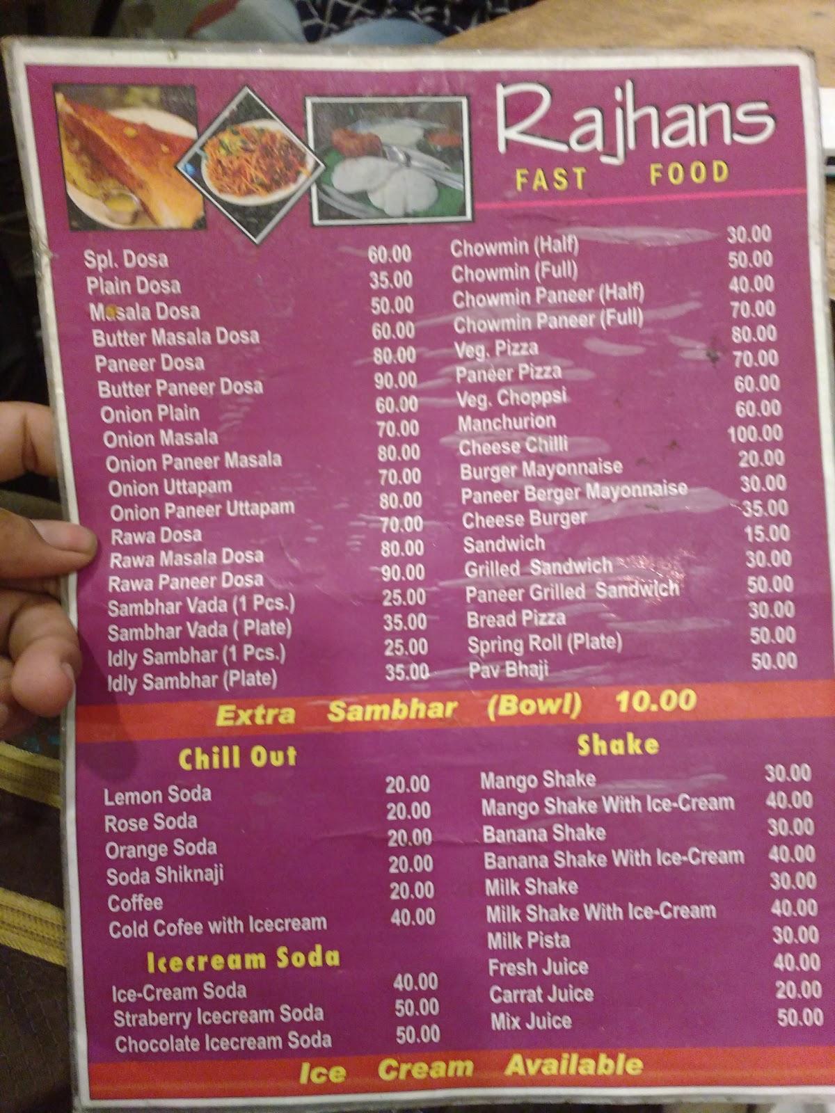 Menu at Raj Hans, Saharanpur