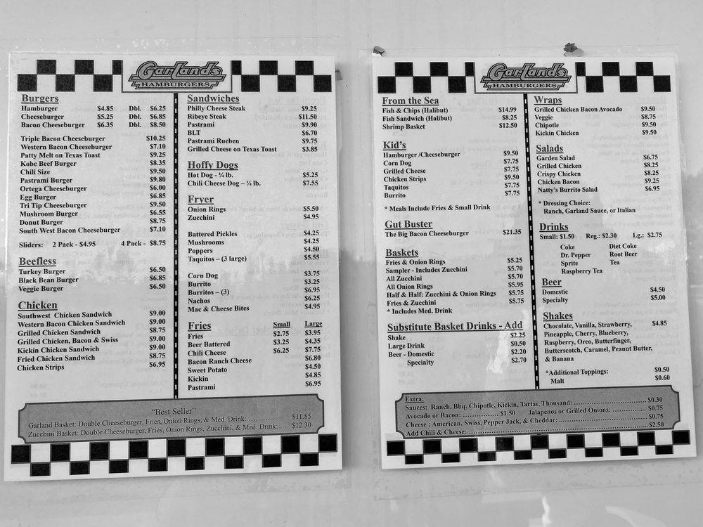 Menu at Garlands Hamburgers restaurant, Grover Beach