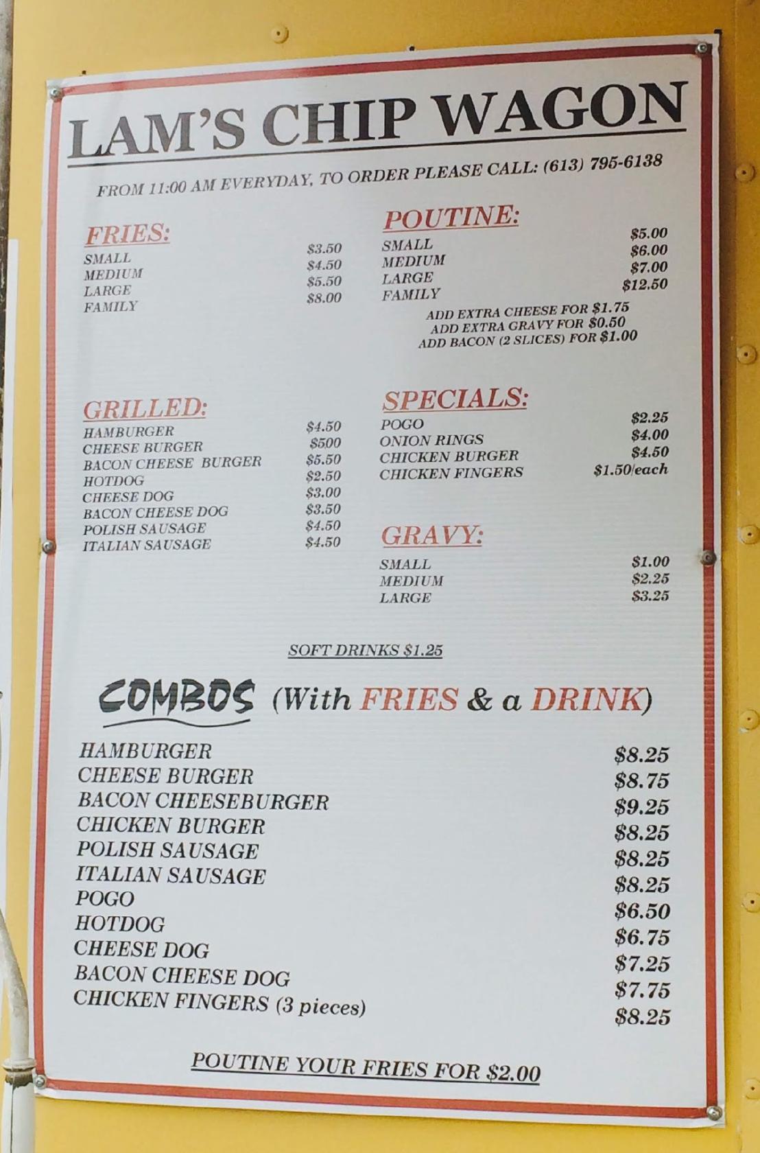 Menu au Innes Chip Wagon (Lam) fast food, Ottawa