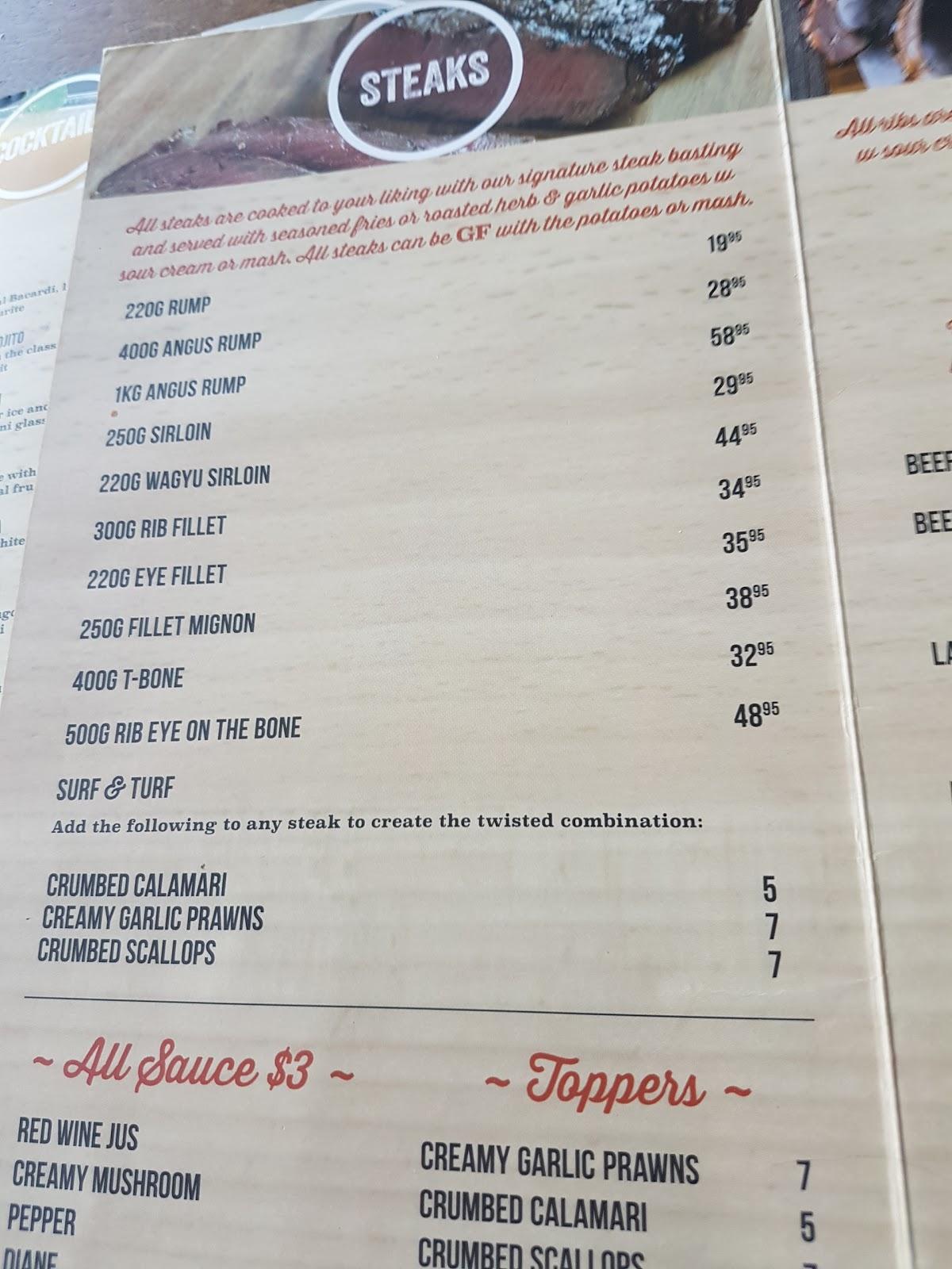 Menu at Ribs and Rumps steakhouse, Townsville