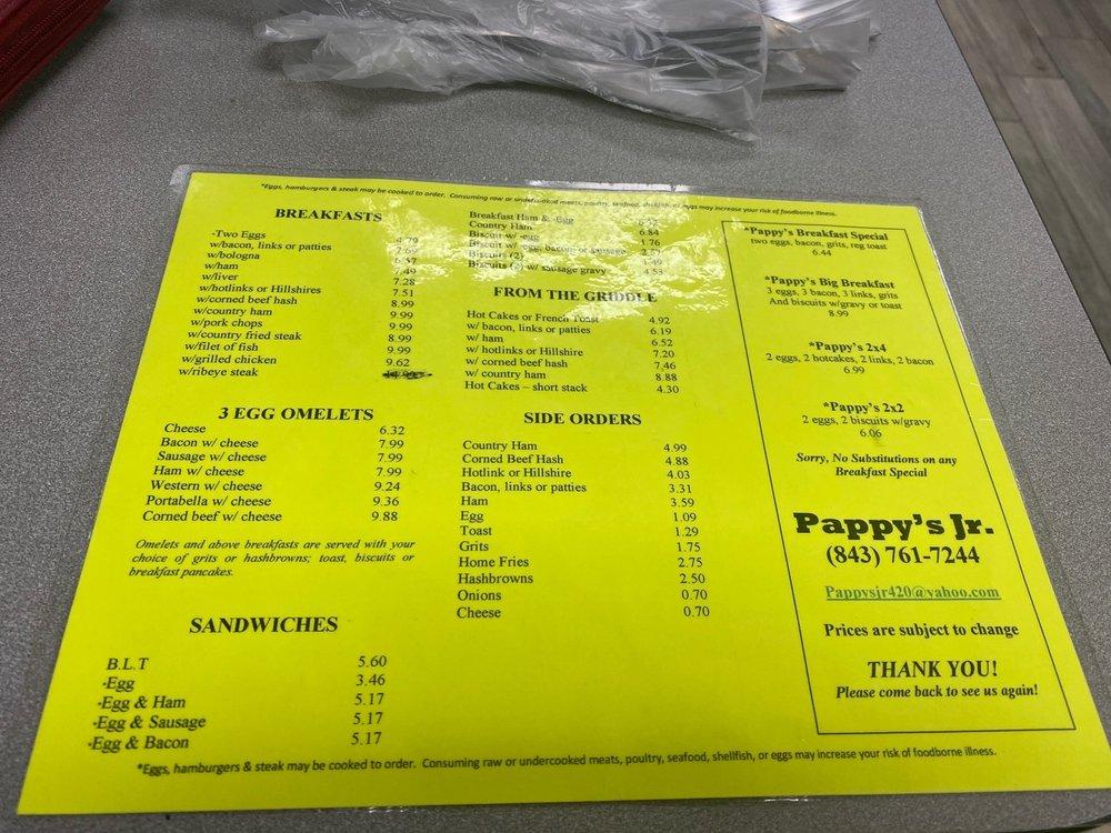 Menu at Pappy's Jr restaurant, Moncks Corner