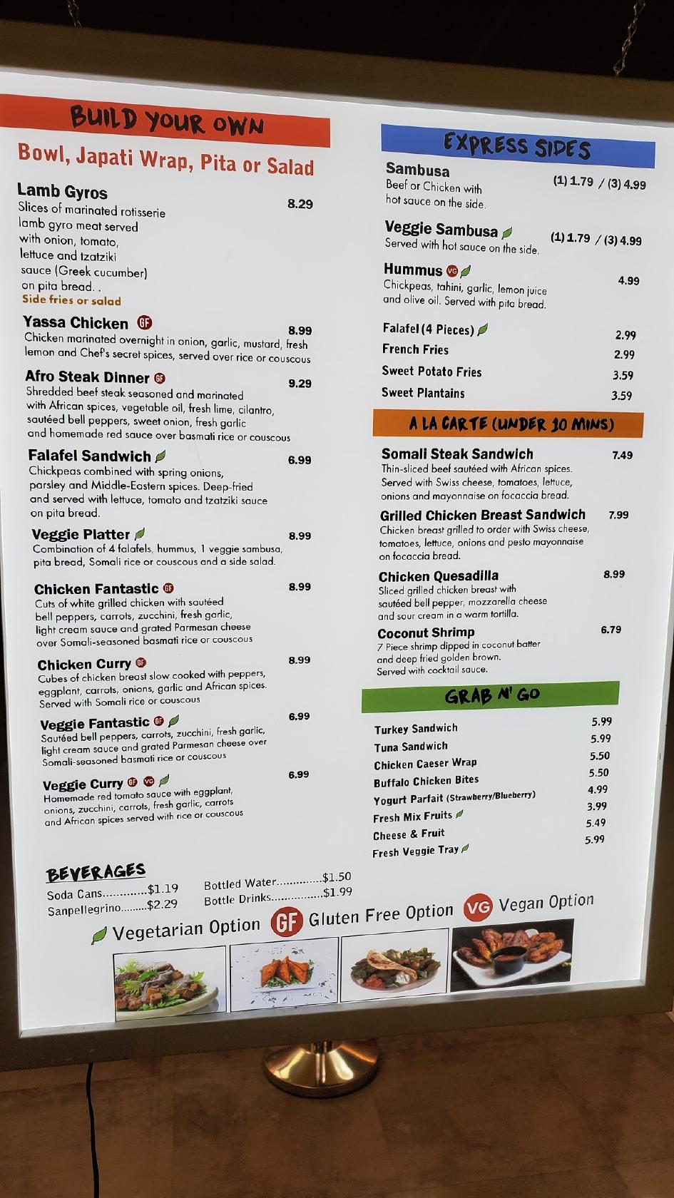 Menu at Afro Deli & Grill Minneapolis Skyway restaurant, Minneapolis, 705 S Marquette Ave