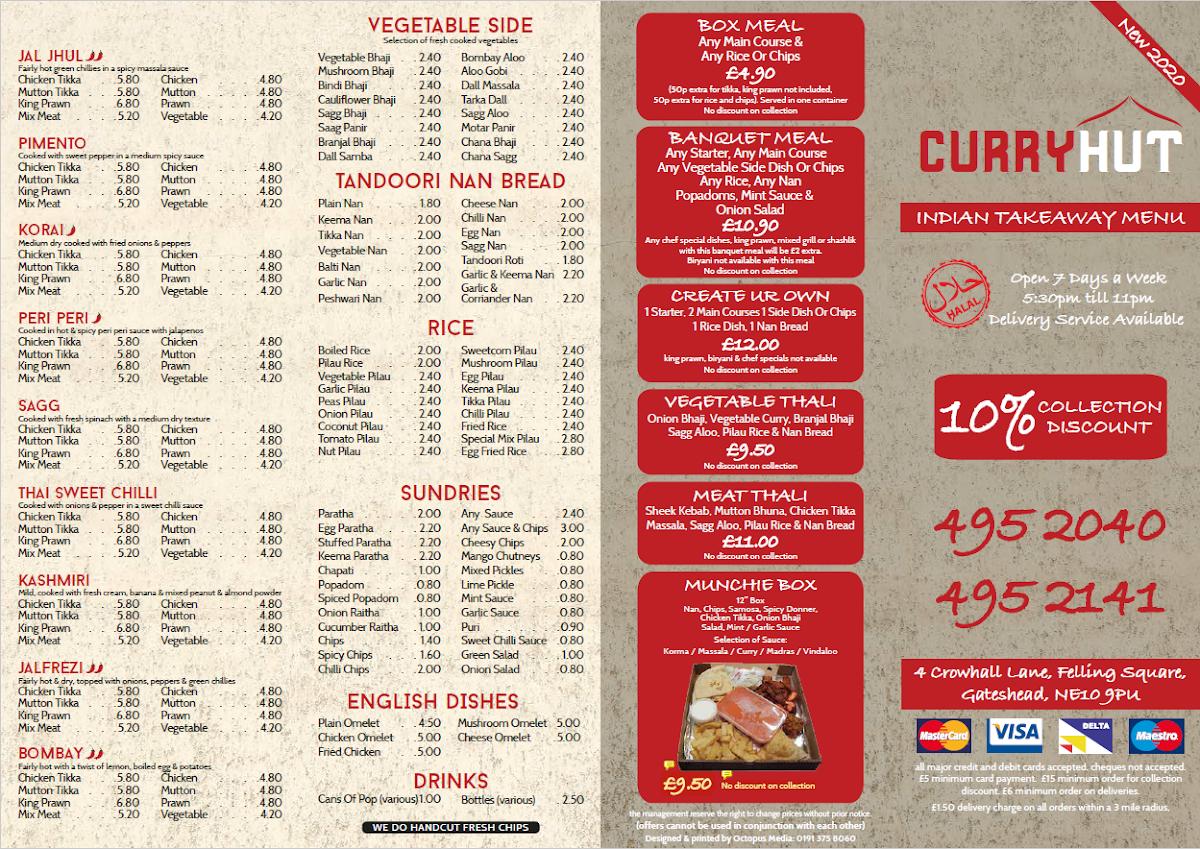 Menu at Curry Hut fast food, Gateshead