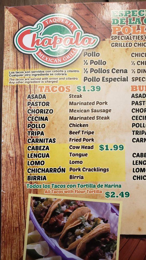 Menu at Taqueria Chapala restaurant, Elgin