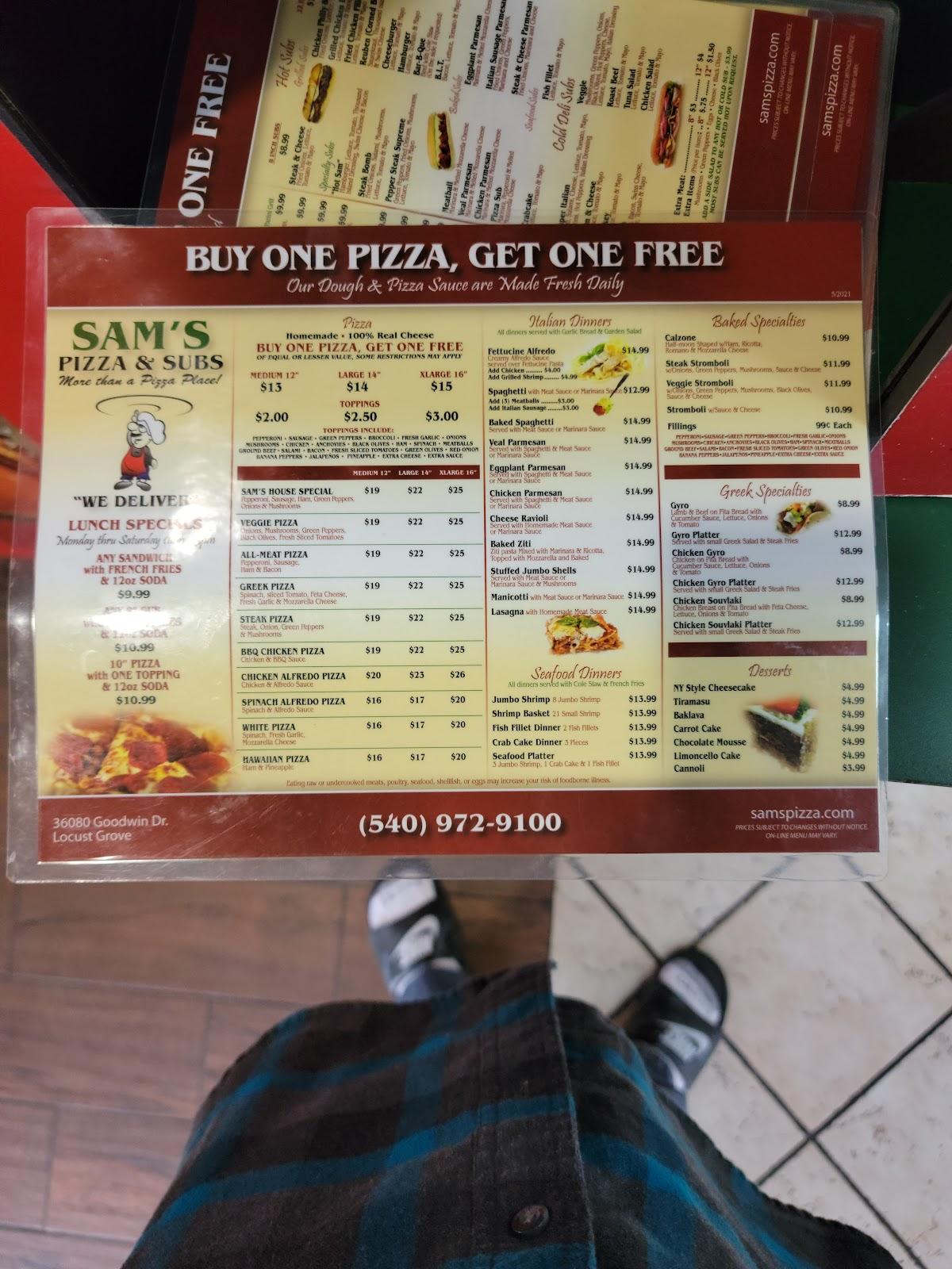 Menu at Sam's Pizza & Subs restaurant, Locust Grove