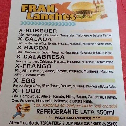 FRAN Lanches cardápio