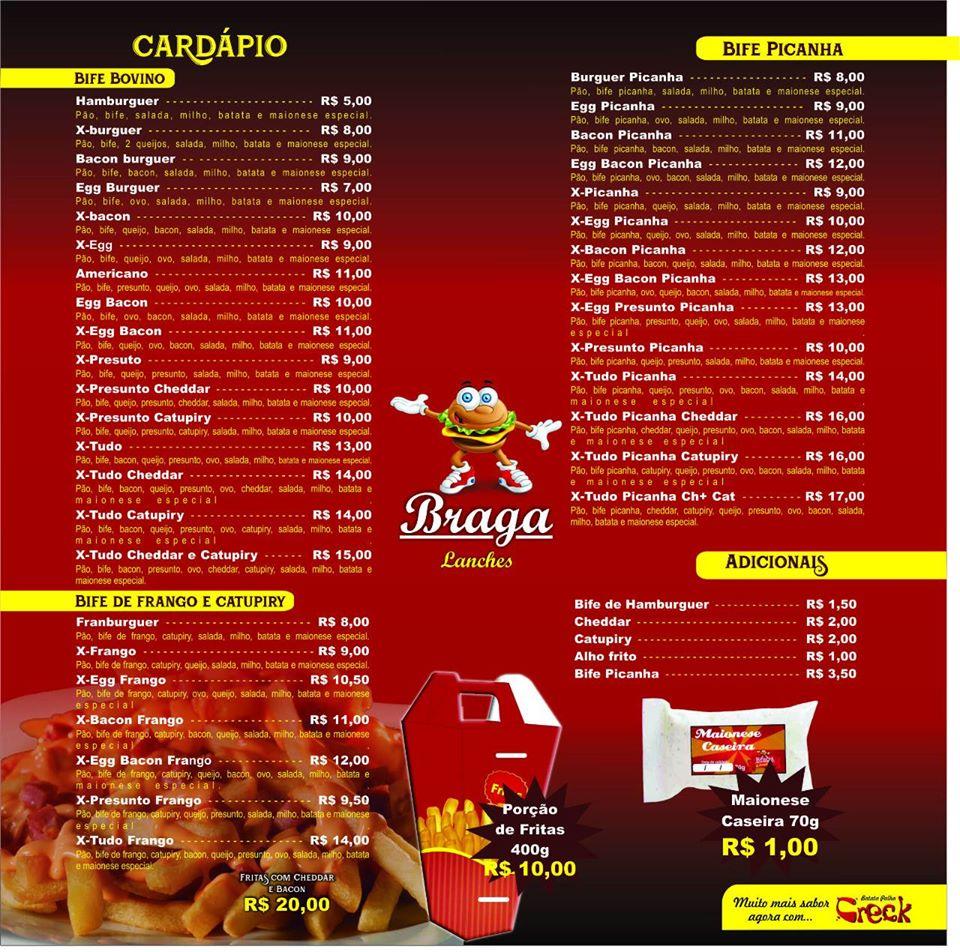 Lanchonete dos Braga cardápio