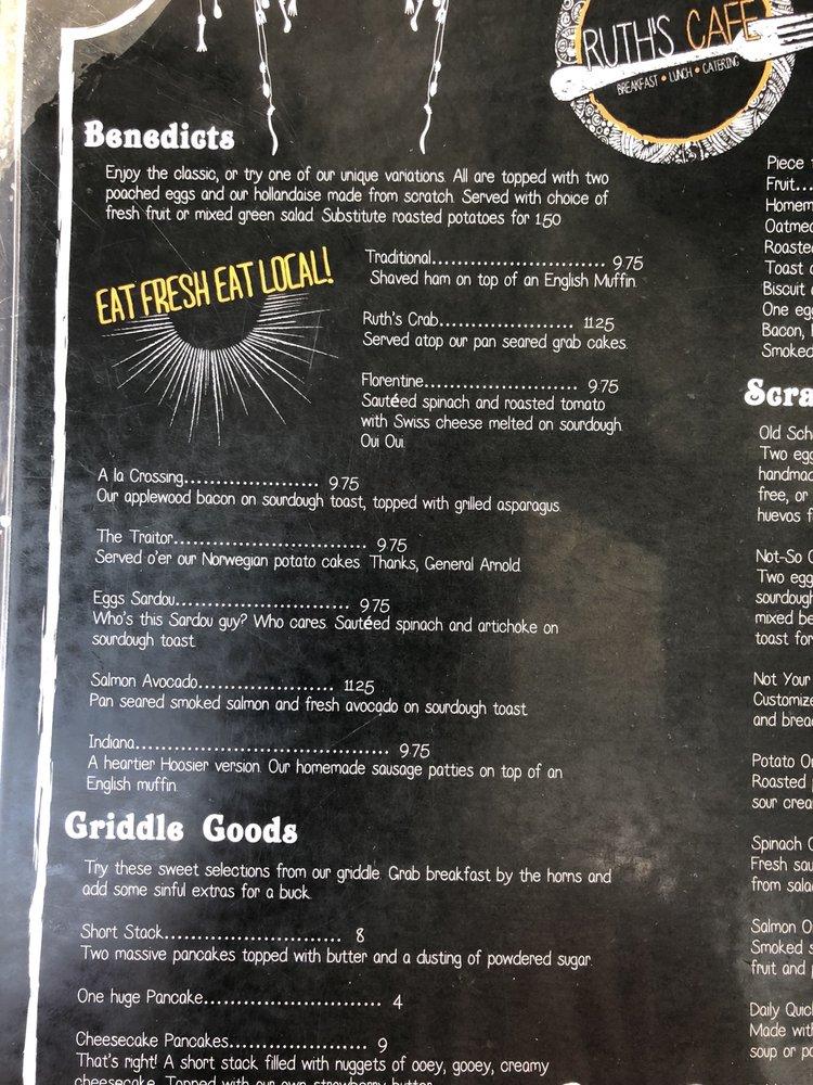Menu at Ruth's Cafe, Indianapolis