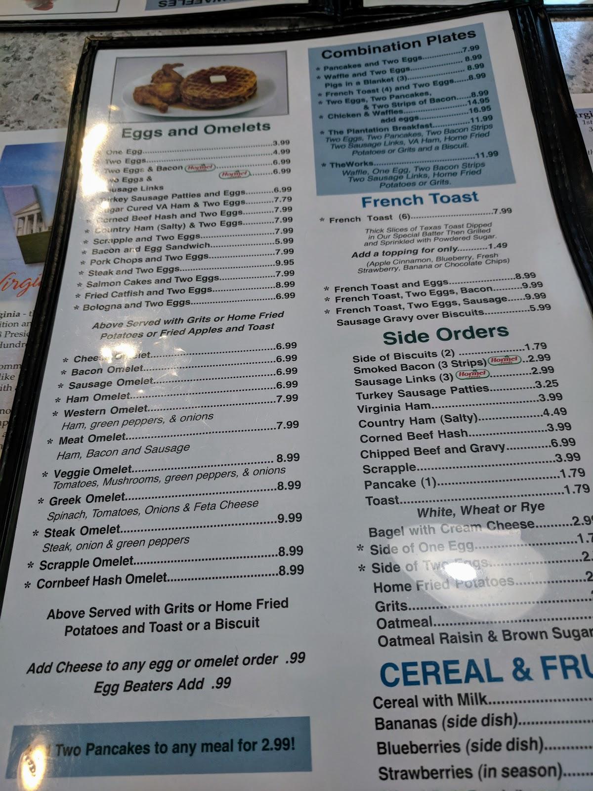 Menu at Southern Pancake & Waffle House restaurant, Williamsburg
