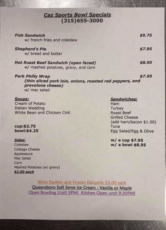 Menu at Caz Sports Bowl pub & bar, Cazenovia