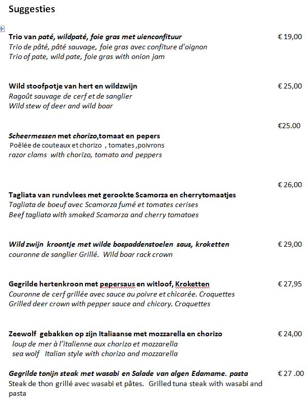 Menu at Brasserie 't Mouterijtje, Kortrijk