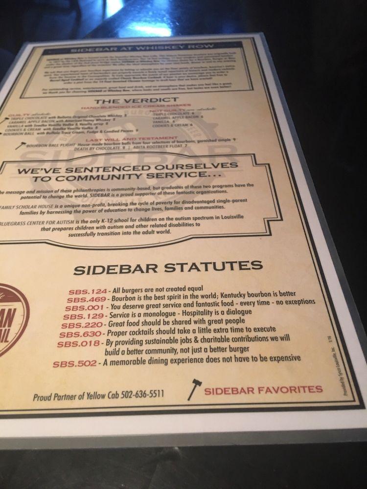 Menu at Sidebar At Whiskey Row, Louisville
