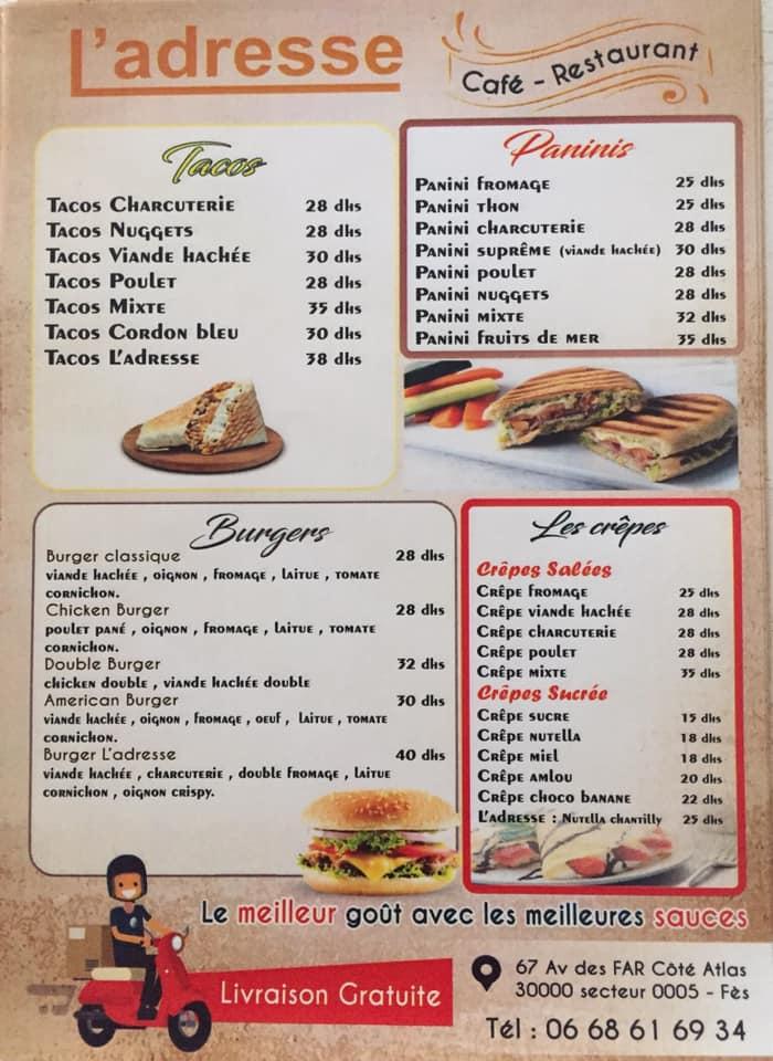 Menu at Café restaurant L'adresse, Fes