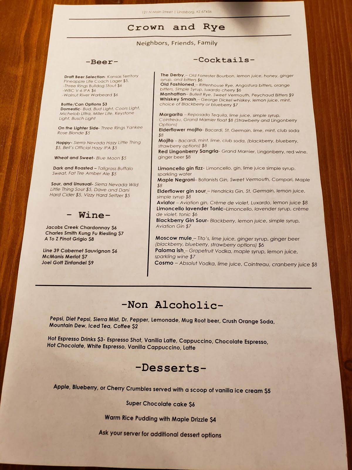 Menu at Crown and Rye pub & bar,