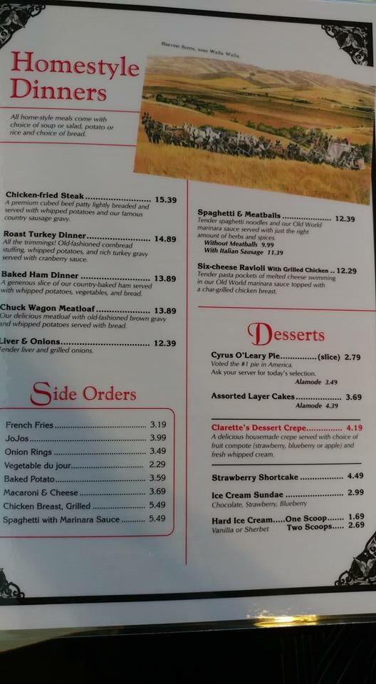 Menu at Clarette's Restaurant, Walla Walla, 15 S Touchet St