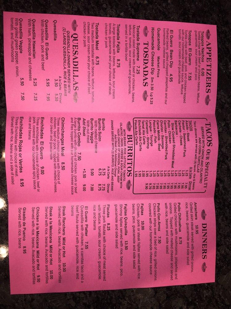 Menu at Tacos El Güero restaurant, Hammond