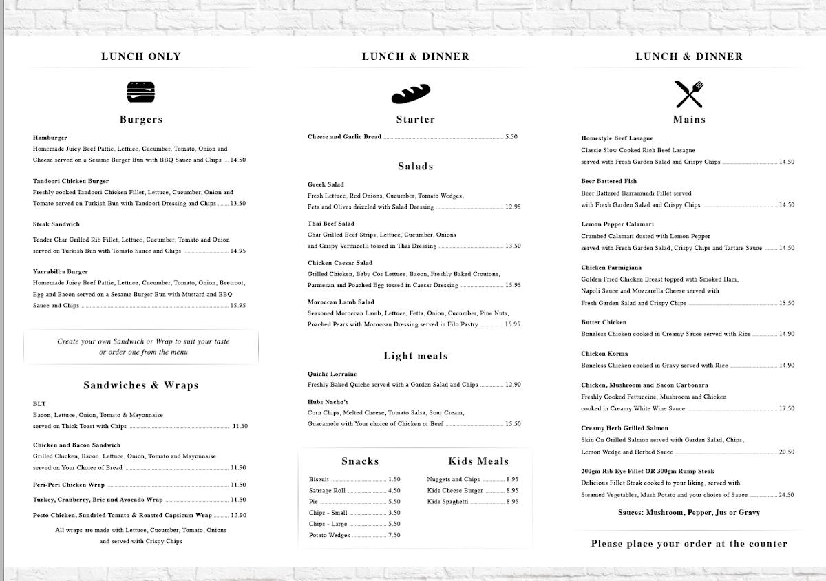 Menu at Yarrabilba Coffee Hub cafe, Yarrabilba