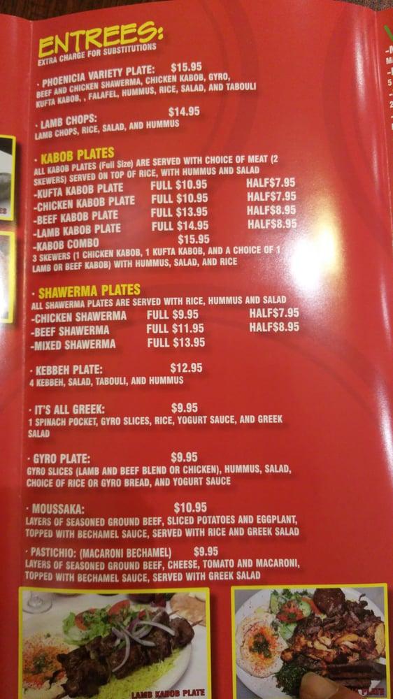Menu at Phoenicia restaurant, Redlands