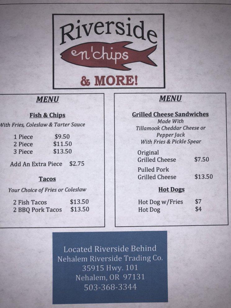 Menu at Riverside Fish n' Chips restaurant, Nehalem