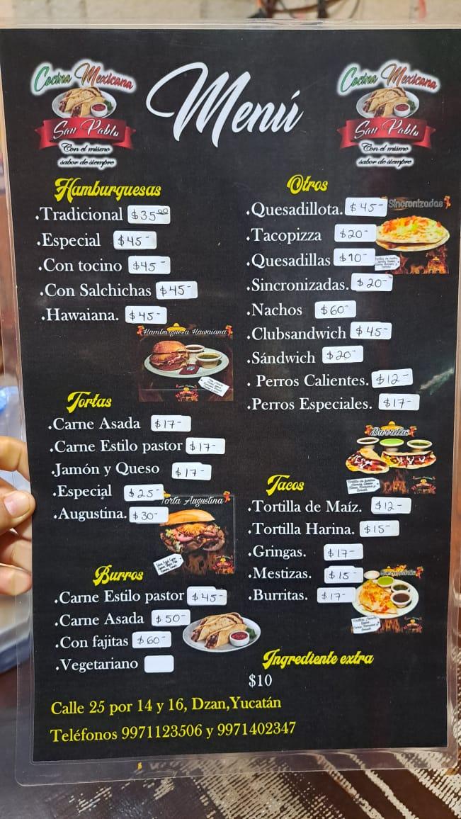 Menu at Cocina Mexicana San Pablo restaurant, Dzán