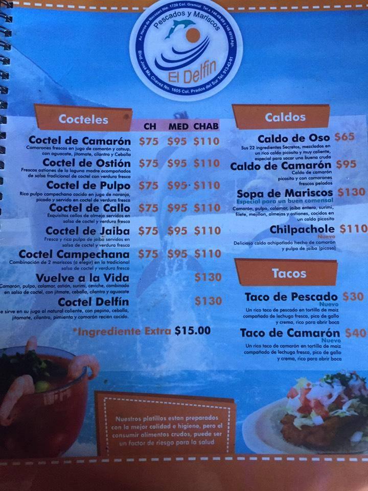 Menu at Pescados y Mariscos El Delfin restaurant, Aguascalientes, Av. Héroe  de Nacozari Nte. 1720