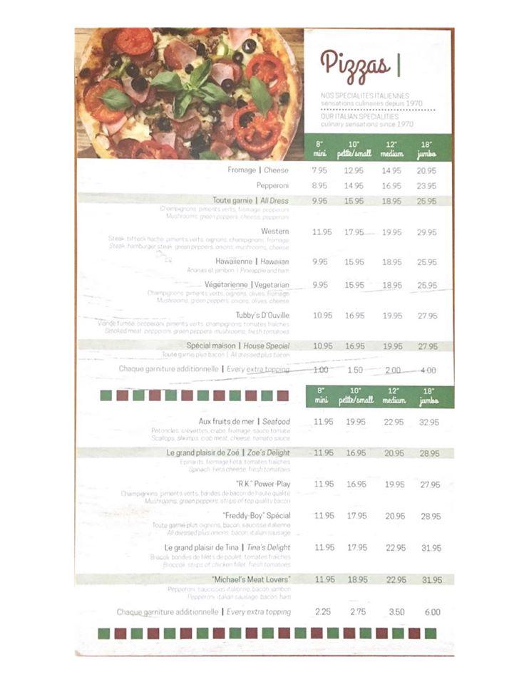 Menu au Pizzeria Bedford, Bedford
