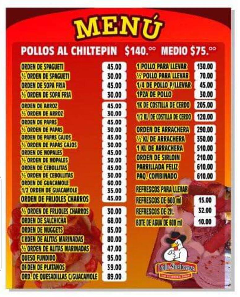 Menu at Pollo Sinaloense restaurant, Villahermosa, Prolongacion Avenida