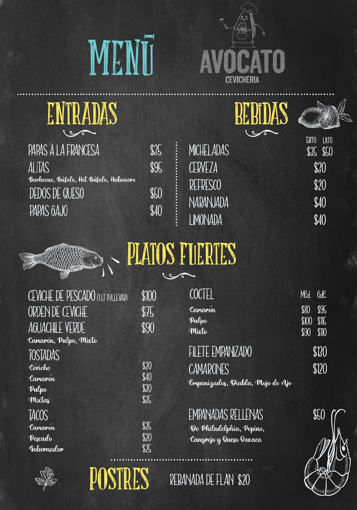 Menu at Avocato Cevichería restaurant, Peribán de Ramos