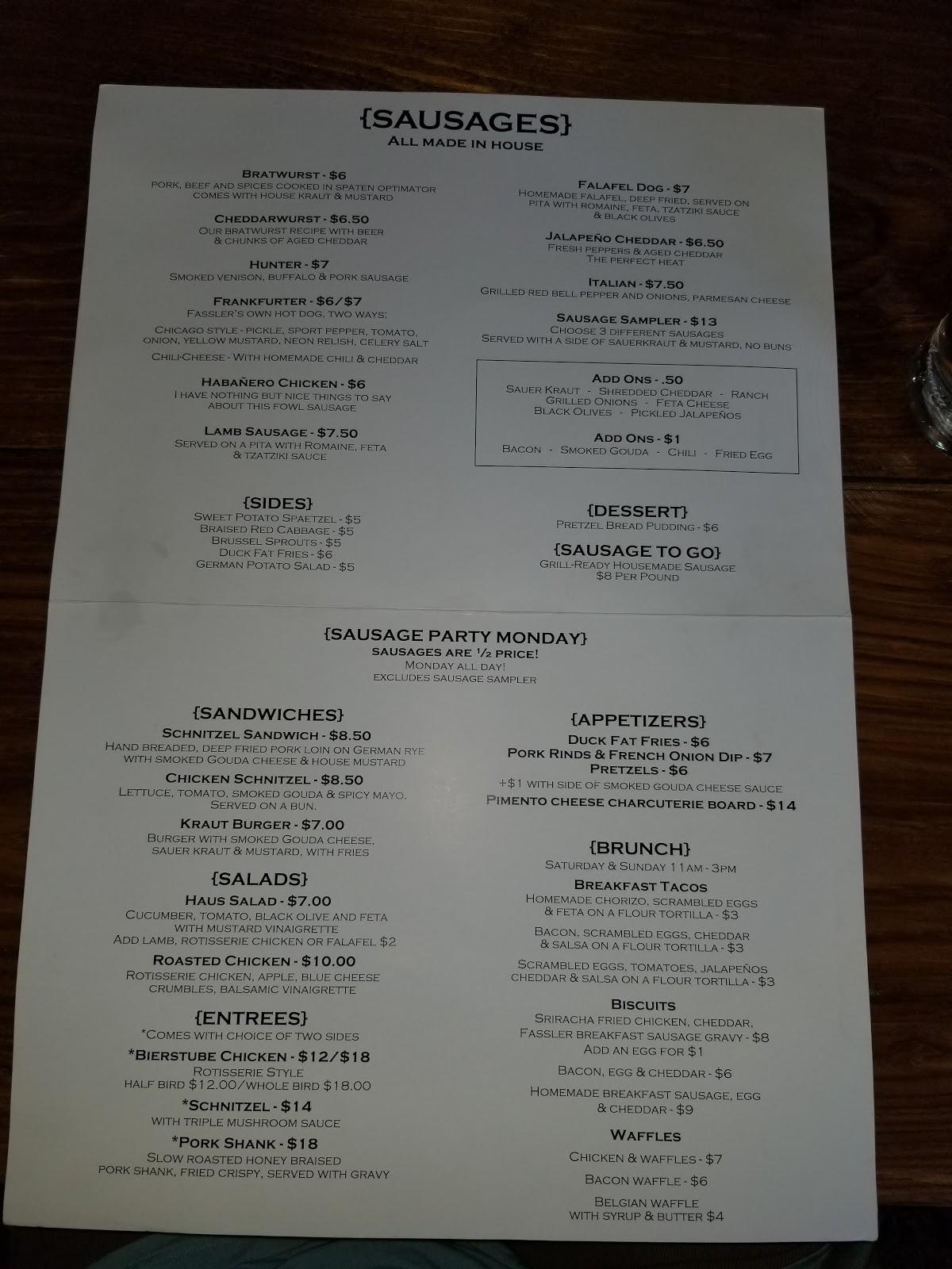 Menu at Fassler Hall pub & bar, Little Rock
