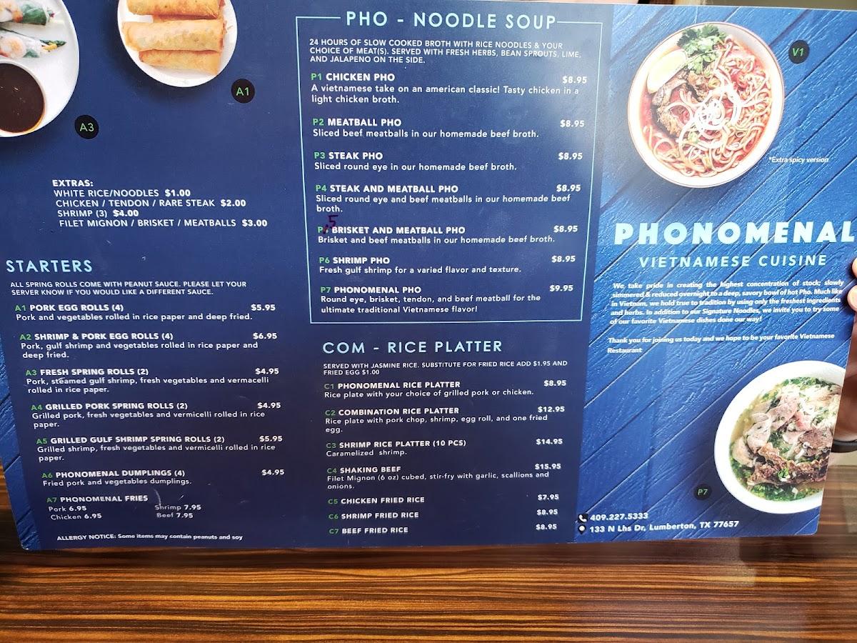 Menu at Pho Nomenal restaurant, Lumberton