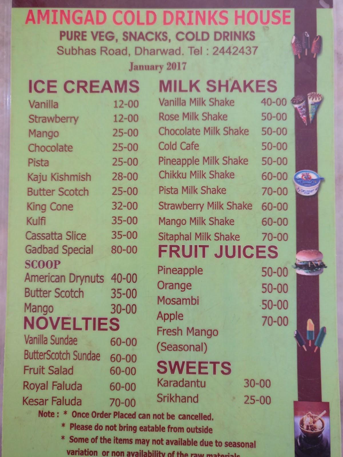 Menu at Amingad Cold Drink House, Dharwad