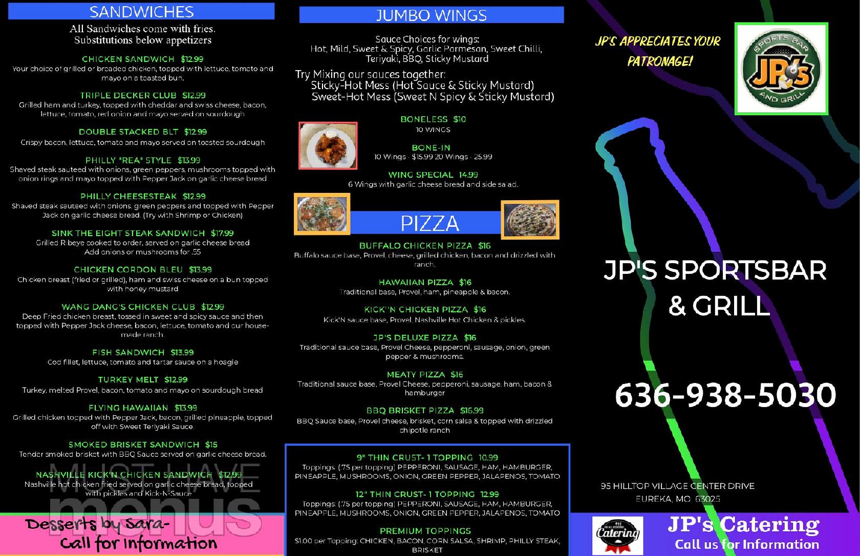 Menu at JP's Sports Bar & Grill, Eureka