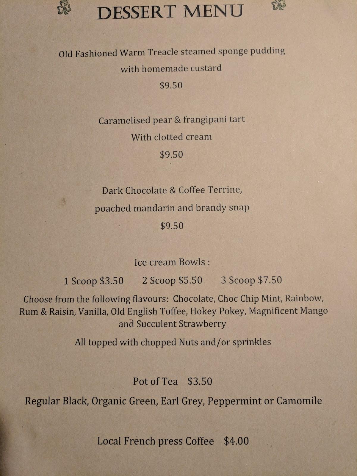 Menu at Shamrock Hotel Greenbushes pub & bar, Greenbushes