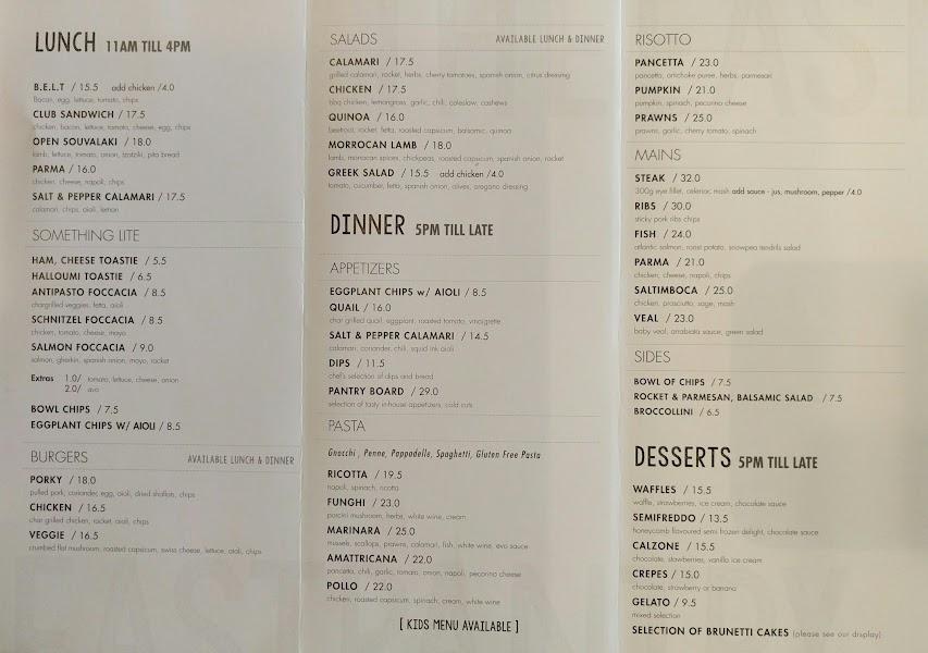 Menu at The East Pantry cafe, Keilor East