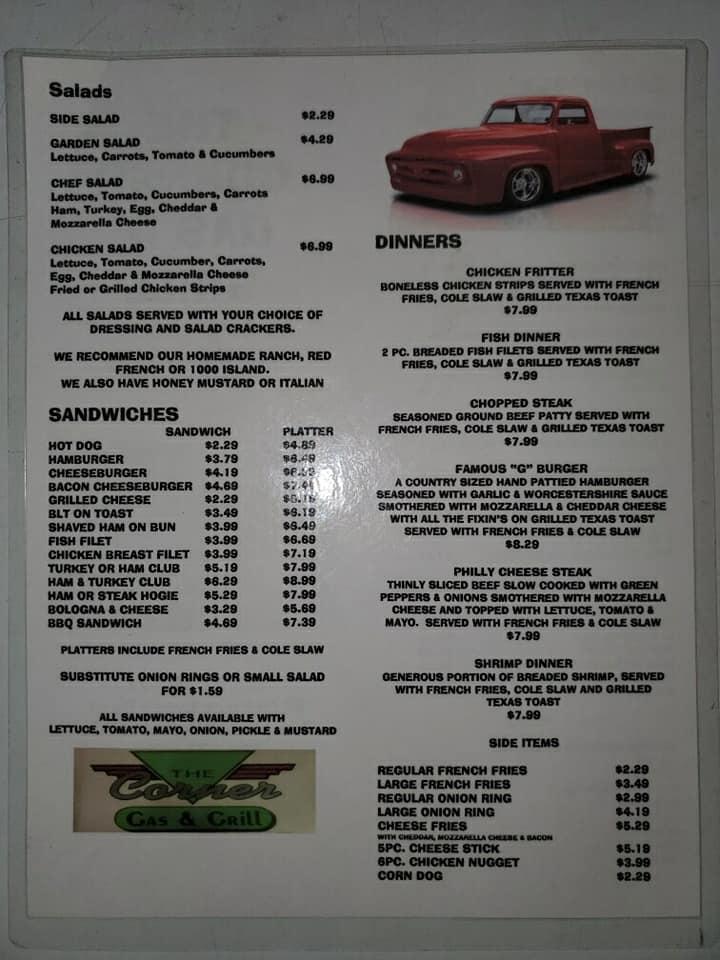 Menu at Corner Gas and Grill restaurant, Pax