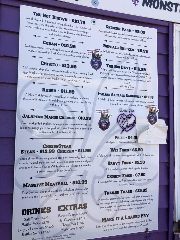 Menu at Gorilla Bob's Grub Shack restaurant, Louisville