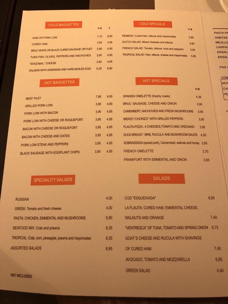 Menu at La Flauta Aribau restaurant, Barcelona, Carrer d'Aribau