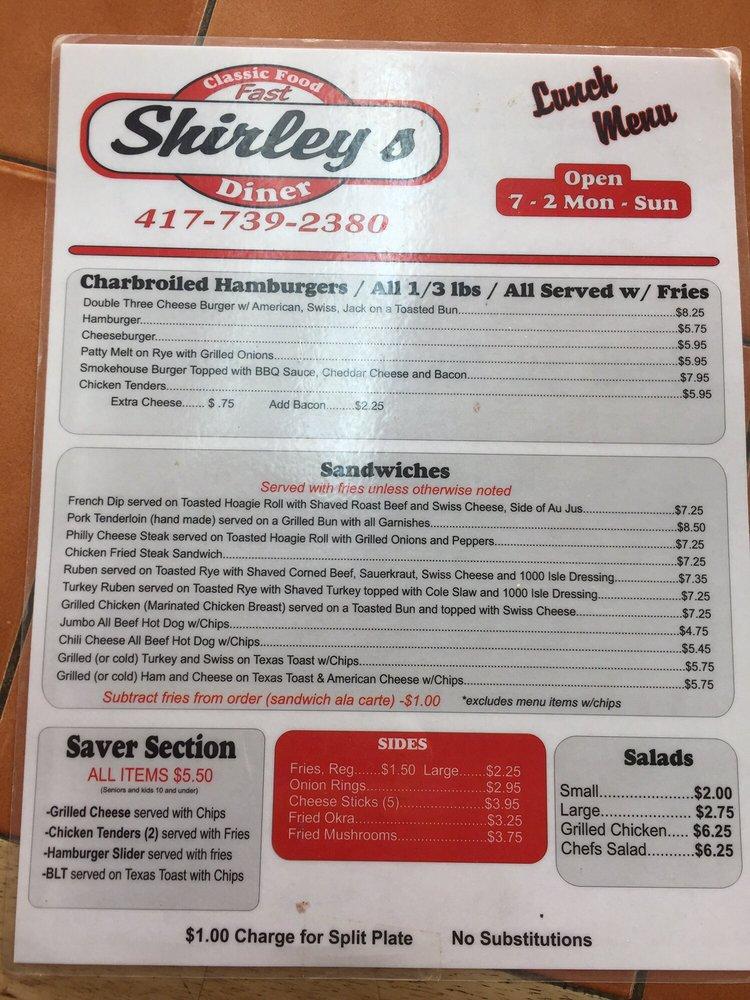 Carta del restaurante Shirley's Diner, Kimberling City