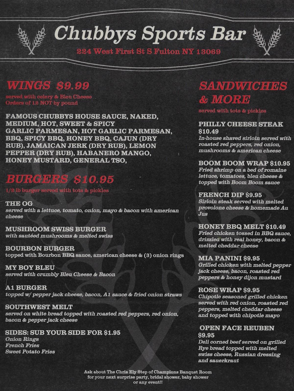 Menu at Chubby's Sports Bar & Grill, Fulton