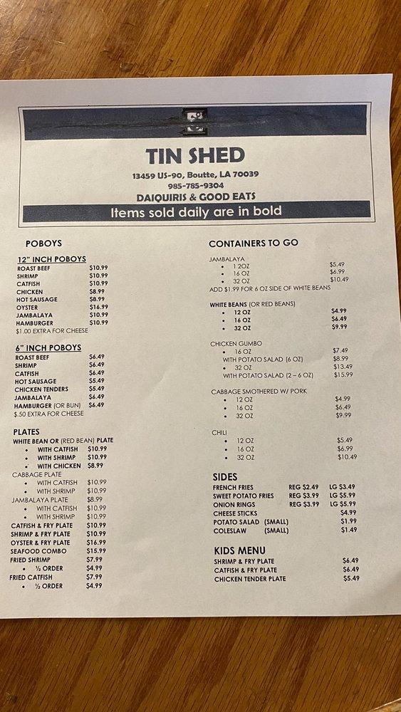 Menu at Tin Shed pub & bar, Boutte
