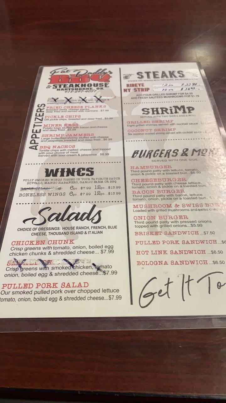 Menu at Fat Daddy's BBQ & Steakhouse, Hartshorne