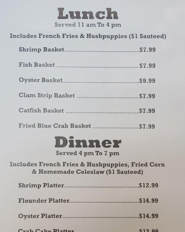 Menu at Platt's Seafood restaurant, North Myrtle Beach