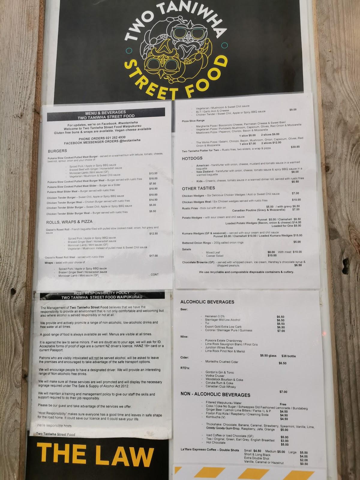 Menu at Two Taniwha Street Food restaurant, Waipukurau